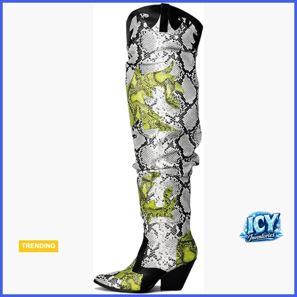 Thigh High Cowboy Boots with Chunky Heel - Faux Snakeskin Western Booties
